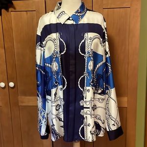 St. John blues and off white nautical themed silk blouse.